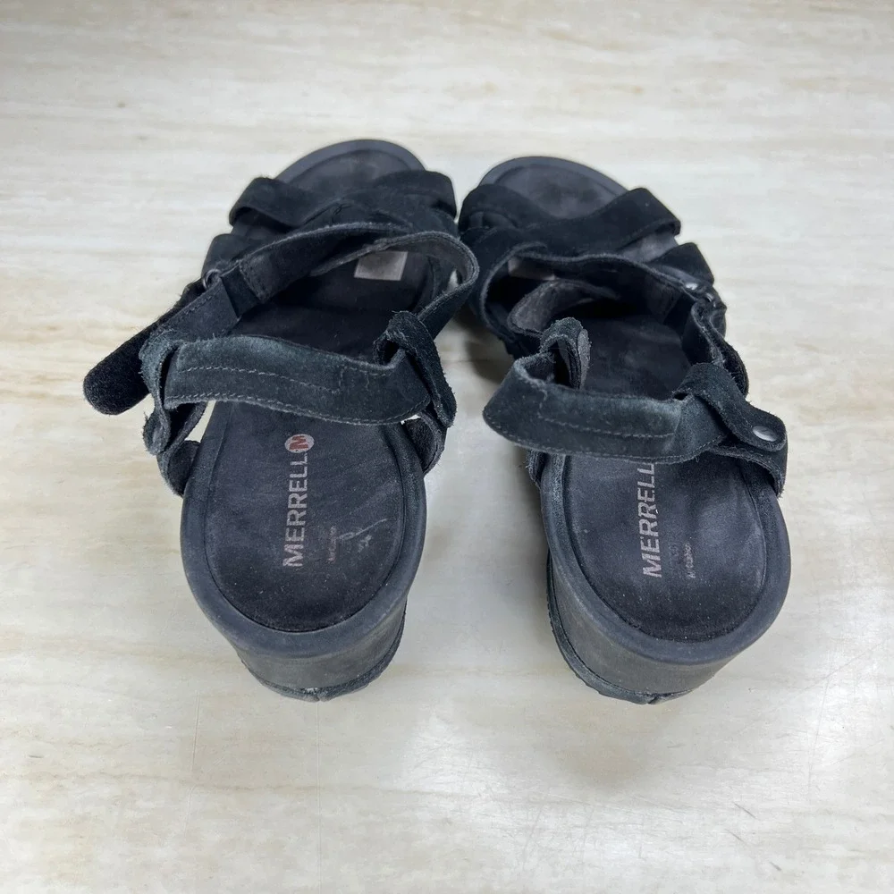 Merrell Black Suede Strappy Wedge Sandals Womens 11 M Select Grip Air Cushion